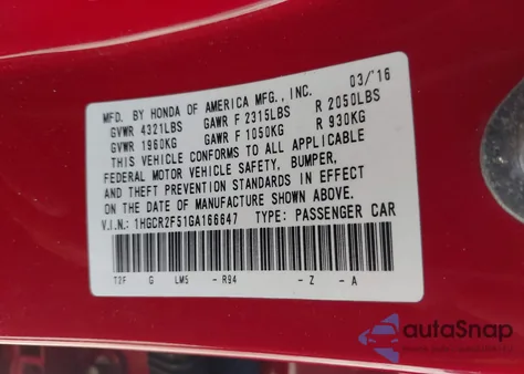 2016 Honda Accord Sport z USA, uszkodzony, nr VIN 1HGCR2F51GA166647